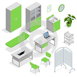 Isometric set of Hospital equipment and furniture. Flat icons isolated vector illustration equipment with scanner
