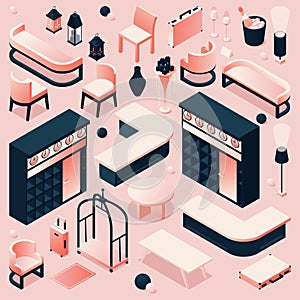 Isometric set of hotel lobby furniture for reception, lounge in pink pastel colors with cart or trolley, tables and shelving,