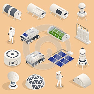 Isometric set of icons Space Equipment and Vehicles of space exploration with rockets artificial satellites, planets