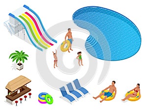 Isometric set icons of Summer water park holiday . Swimming pool and water slides. Vector illustration isolated on white