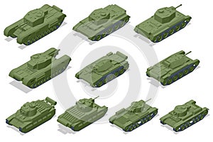 Isometric set icons of United Kingdom Tanks. Armoured fighting vehicle designed for front-line combat, with heavy