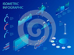 Isometric set of infographics with data financial graphs or diagrams, information data statistic and design elements