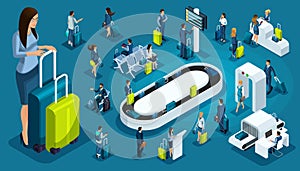 Isometric set international airport icons, passengers with luggage, big business lady on a business trip, transit zone, air lines