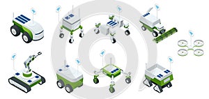 Isometric set of iot smart industry robot 4.0, robots in agriculture, farming robot, robot greenhouse. Agriculture smart