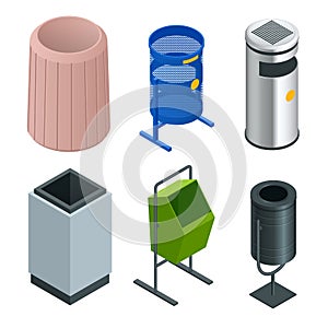 Isometric set of metal basket bin for waste paper in office. Empty trash, clean garbage bin. Vector illustration