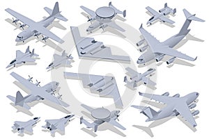 Isometric set of Military Aviation Air Force. attack aircraft, Stealth Strategic heavy Bomber, Strategic and tactical