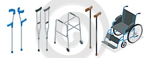 Isometric set of mobility aids including a wheelchair, walker, crutches, quad cane, and forearm crutches. Vector