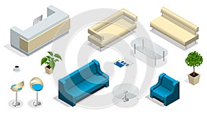 Isometric set of modern office furniture. Modern office interior with a reception desk. furniture, office.