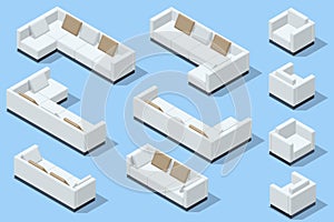 Isometric set of modern sofa. Modern couch with pillows isolated on background