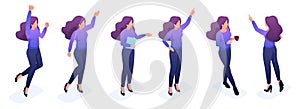 Isometric set of movements and postures of the young women with bright colorful hair. Set to create vector illustrations