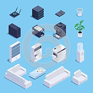 Isometric set of office equipment and furniture.