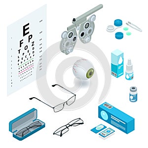 Isometric set of Ophthalmology and eye care icons. Medical health equipment. Check eyesight for eyeglasses diopter.