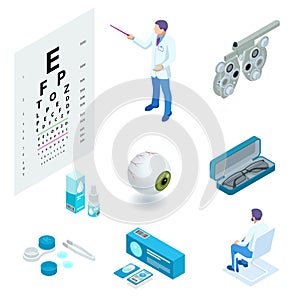 Isometric set of Ophthalmology and eye care icons. Medical helth equipment. Check eyesight for eyeglasses diopter.