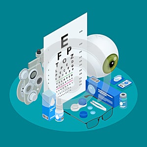 Isometric set of Ophthalmology and eye care icons. Medical helth equipment. Check eyesight for eyeglasses diopter.