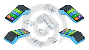 Isometric set of Payment Machine or POS Terminal with receipt records, design template of bill ATM, paper financial