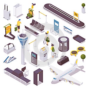 Isometric set of people at the airport, luggage belt, security service, airplane and more. Bags and trolley for travel and