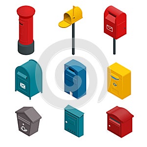 Isometric set of a post box or written postbox, collection box, mailbox, letter box or drop box. Flat vector colourful