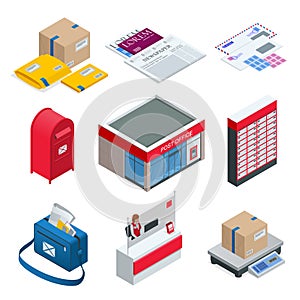 Isometric set of Post Office, Postman, envelope, mailbox and other attributes of postal service, point of correspondence