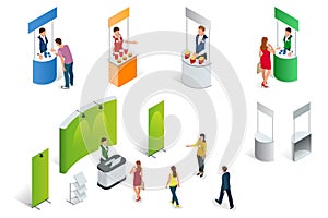 Isometric set of Promotion Stands on a white background. Vector exhibition or trade show booth