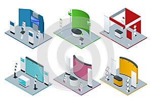 Isometric set of promotional stands or exhibition stands including display desks shelves and handout