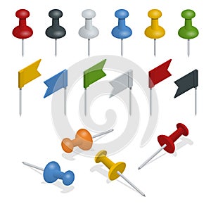 Isometric Set of push pins and flags in different colors on the white background. Thumbtacks