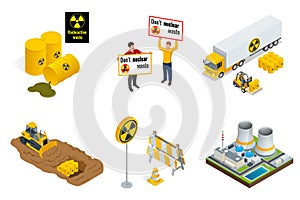 Isometric set of Radioactive waste elements. People protest, barrels, transportation, power station or reactors, tractor