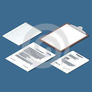 Isometric set of receipt, contract, clipboard, blank lined paper sheet. Official documents icons