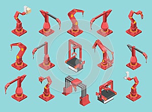 Isometric set of red and grey conveyor machines with robotic hands. Automatic equipment industry technology concept