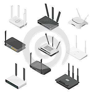 Isometric set of routers. Isometric realistic vector icons isolated on white background.