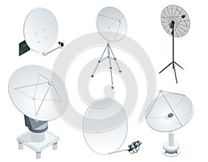 Isometric set Satellite dish antennas on white. Wireless communication equipments.