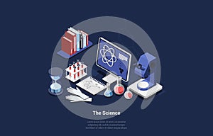 Isometric Set Of Science Related Items On Dark Background. Vector Composition In Cartoon 3D Style With Writing. Computer