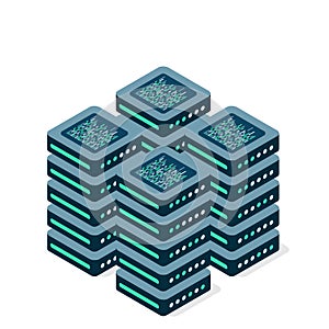 Isometric set server equipment. Computer storage or farming workstation. Datacenter storage room objects. Blockchain server