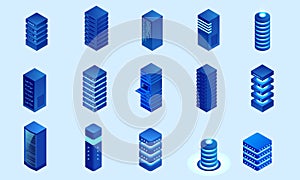 Isometric Set Server or Hardware Equipment isolated on background. Datacenter storage room objects.