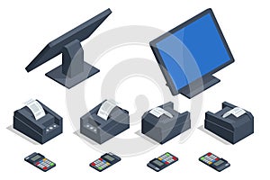 Isometric set of Shop Cash Register Equipments. Modern Tablet POS Terminal with Barcode Scanner and Receipt Printer.