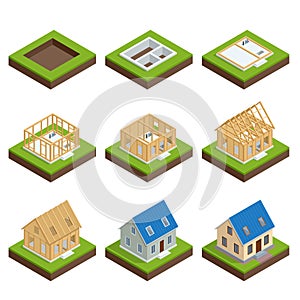 Isometric set stage-by-stage construction of a blockhouse. House building process. Foundation pouring, construction