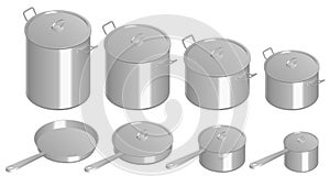 Isometric Set of stainless pots and pan with glass lids. Stainless steel pots and pans isolated on white background