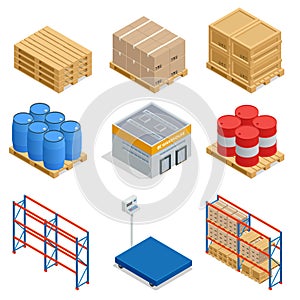 Isometric set of Storage equipment isometric icons. Shipping vector icons with boxes, container and warehouse shelves