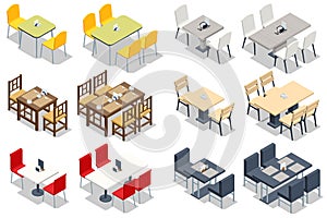 Isometric Set of Table and Chair Isolated on White Background. Fast Food Court, Restaurant Interior, Catering, Shopping