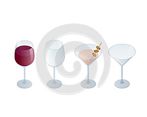 Isometric set of transparent Glass Goblets. Drinks of Red Wine and Olive Martini Cocktail