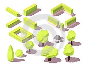 Isometric set of trees and hedges for city map. Park plants, bush, urban landscape, small rocks.