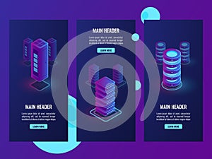 Isometric set vertical banner, servr room vector, data center and cloud storage, database warehouse, big data