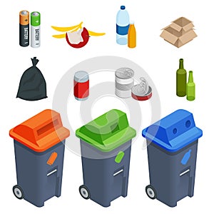 Isometric set of waste sorting cans, segregation. Separation of waste on garbage cans. Disposal. Coloured waste bins for