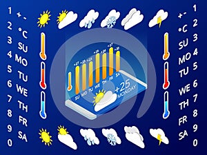 Isometric set of weather application design elements. Weather symbols, design for a mobile application weather forecast