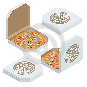 Isometric set of white pizza box template isolated on white background. Whole pizza of closed and open brown carton