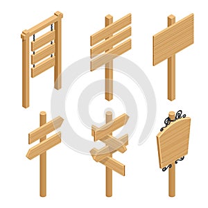 Isometric Set of a Wooden Signboards. Empty Cartoon Banner. Arrow, Plank With Cracks. Wood Material Elements. Flat