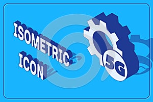 Isometric Setting 5G new wireless internet wifi connection icon isolated on blue background. Global network high speed