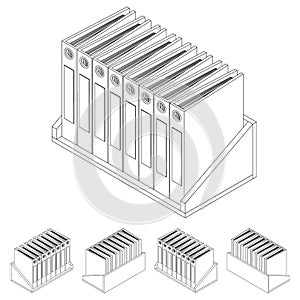 Isometric shelf with folders line. Office shelf with documents and files in isometry.