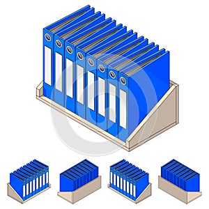 Isometric shelf with folders. Office shelf with documents and files in isometry.