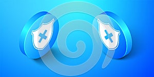 Isometric Shield and cross x mark icon isolated on blue background. Denied disapproved sign. Protection, safety