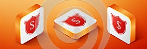 Isometric Shield and dollar icon isolated on orange background. Security shield protection. Money security concept